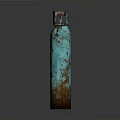 Three Blue Rusty Industrial Gas Cylinders Standing On Gray Studio Background