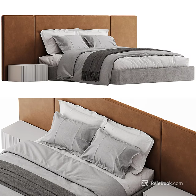 Modern Double Bed With Brown Headboard Gray Bedding And Bedside Table 3d model