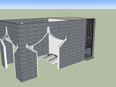 Traditional Chinese Pergola With Gray Brick Walls White Decorative Elements And Lattice Patterns 3d model