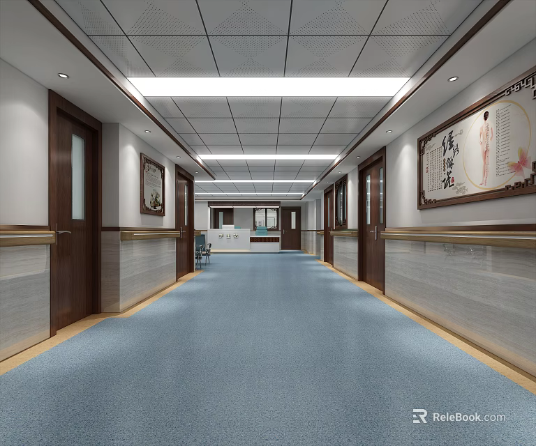 Elevator Hallway Interior With Long Corridor Wooden Doors Decorative Paintings And Blue Carpet 3d model 