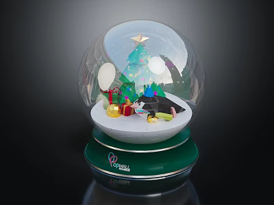 Festive Decorative Ornament Set With Snow Globe Christmas Tree Penguin Gift Boxes And Green Base 3d model