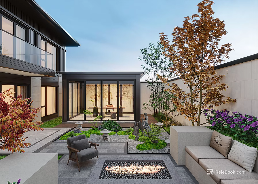 Modern Courtyard Garden Landscape With Red Leaf Trees Purple Flowers Outdoor Seating And Fire Pit 3d model 