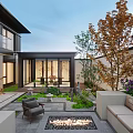Modern Courtyard Garden Landscape With Red Leaf Trees Purple Flowers Outdoor Seating And Fire Pit