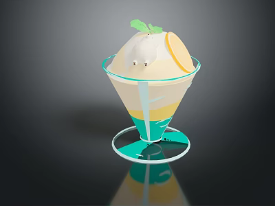 Delicious Layered Dessert in Transparent Glass with Cream Lemon Slice and Green Leaf 3d model