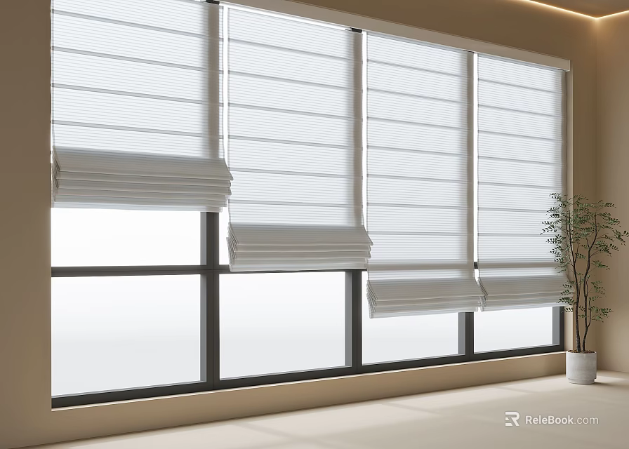 White Window Blinds In Bright Modern Room With Black Framed Windows And Potted Plant 3d model 