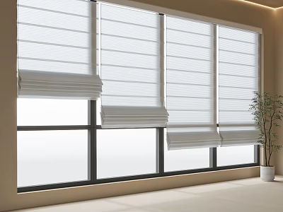 White Window Blinds In Bright Modern Room With Black Framed Windows And Potted Plant 3d model