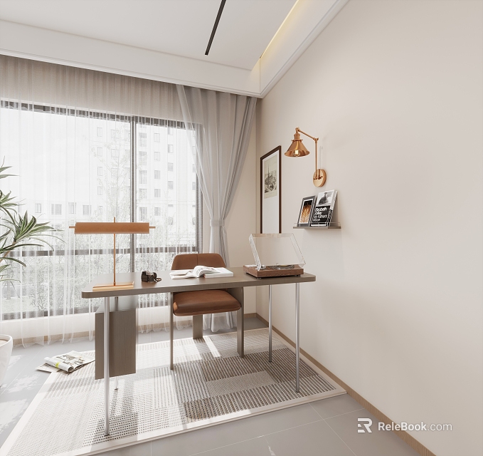 Modern Study Room Interior Design With Desk Table Lamp Laptop Books And Brown Chair 3d model 