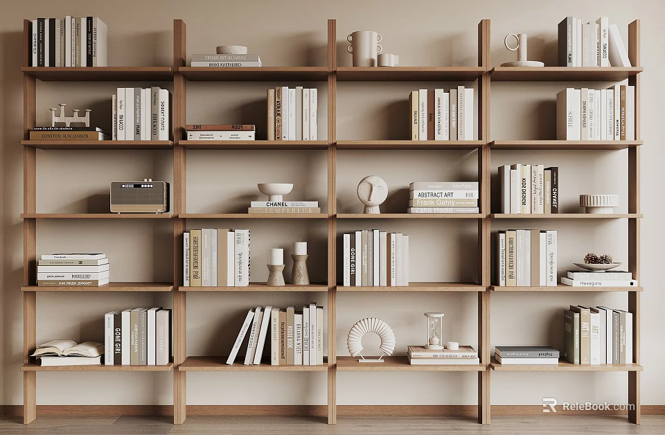 Modern Wooden Bookshelf Design With Books Decorative Ornaments Clock And Vases 3d model 
