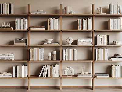 Modern Wooden Bookshelf Design With Books Decorative Ornaments Clock And Vases 3d model