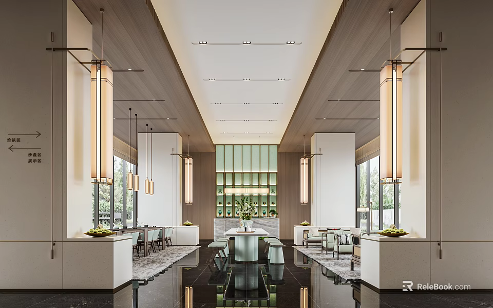Modern Sales Center Interior With Hanging Pendant Lights Large Windows And Green Plants 3d model 