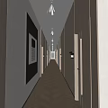 Hotel Corridor Interior With Wooden Walls Herringbone Flooring Recessed Lighting And Decorative Artwork