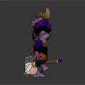 Horned Demon Creature With Muscular Body Blue Glowing Arms Purple Skin And Axe