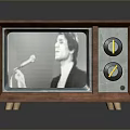 Vintage Wooden Frame Television With Screen Showing Man Holding Microphone And Control Knobs
