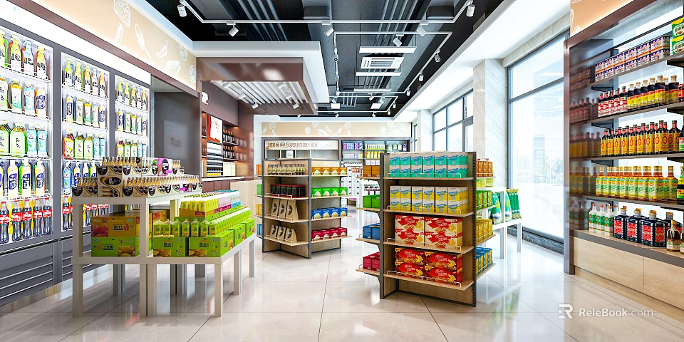Supermarket General Merchandise Shelves Display Various Products in Bright Spacious Store Layout 3d model 