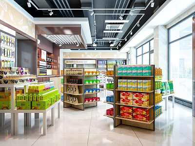 Supermarket General Merchandise Shelves Display Various Products in Bright Spacious Store Layout 3d model