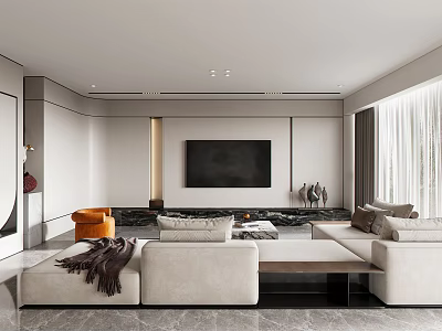 Modern Living Room Interior With White Sofa Large TV Coffee Table And Window Decor 3d model
