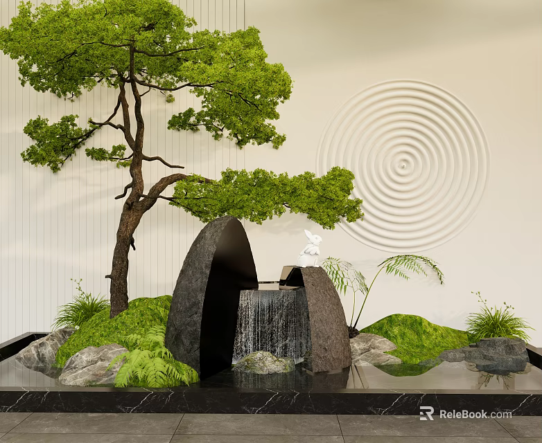 Zen Garden Landscape With Green Pine Tree Stone Waterfall And Circular Wall Pattern 3d model