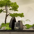 Zen Garden Landscape With Green Pine Tree Stone Waterfall And Circular Wall Pattern 3d model