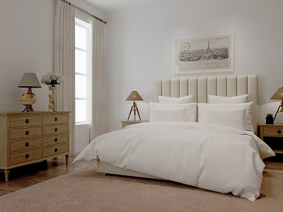 Double Bed With White Bedding Upholstered Headboard Nightstands Lamps Paris Tower Painting Curtains Wooden Floor 3d model