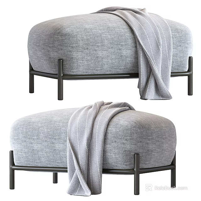 Modern Gray Fabric Ottoman with Black Metal Legs and Cozy Blanket for Living Room 3d model 
