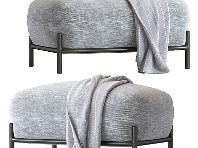 Modern Gray Fabric Ottoman with Black Metal Legs and Cozy Blanket for Living Room 3d model