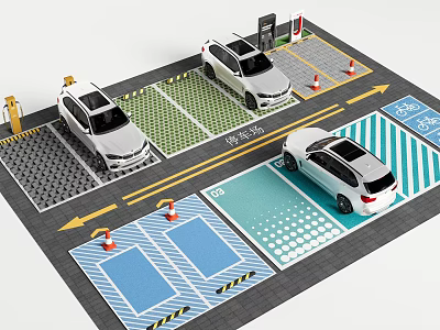 Organized Parking Lot With White Cars Direction Arrows Traffic Cones And Colored Ground Markings 3d model