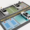 Organized Parking Lot With White Cars Direction Arrows Traffic Cones And Colored Ground Markings