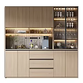 Modern Wooden Wine Cabinet Interior With Glass Doors Wine Bottles Glassware And Decorative Lighting