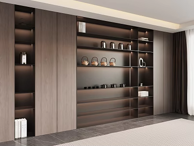 Modern Wooden Tea Cabinet With Multiple Shelves And Tea Sets 3d model