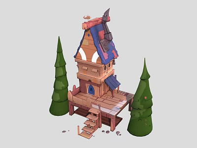 Cartoon Scene Featuring Small House With Pointed Roof Wooden Stairs And Two Green Trees 3d model