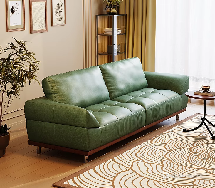 Modern Green Leather Two Seater Sofa with Plant Rug and Side Table 3d model