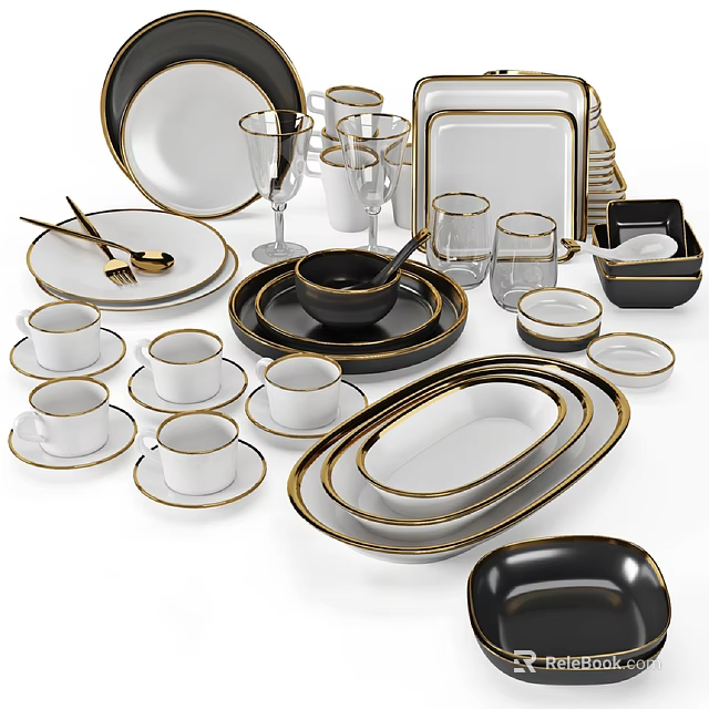 Elegant Modern Black White Gold Rimmed Dinnerware Set Including Plates Cups Bowls 3d model 