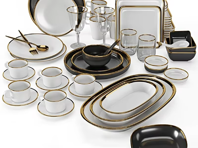 Elegant Modern Black White Gold Rimmed Dinnerware Set Including Plates Cups Bowls 3d model