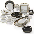 Elegant Modern Black White Gold Rimmed Dinnerware Set Including Plates Cups Bowls