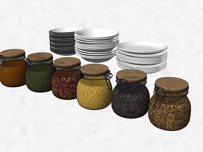 Colorful Glass Spice Jars with Wooden Lids and Stacked Plates on Kitchen Counter 3d model