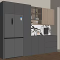 Modern Kitchen Sideboard With Wooden Cabinets Drawers And Refrigerator Near Window Bright Lighting