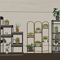 Indoor Bonsai Potted Plants Display On Multiple Metal Shelves With Various Greenery