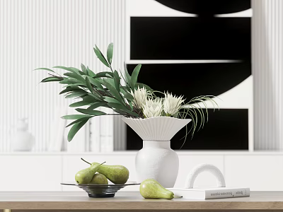 White Vase with White Flowers Green Leaves on Wooden Table with Pears and Artwork 3d model