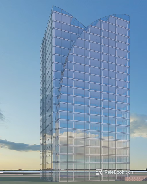 Modern Tall Office Building With Glass Curtain Wall Against Blue Sky Background 3d model 