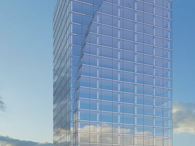 Modern Tall Office Building With Glass Curtain Wall Against Blue Sky Background 3d model