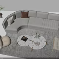 Modern Gray Corner Sofa With Pillows And Round Marble Coffee Table Set On Rug 3d model