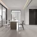 Minimalist Restaurant Interior Design With Round Dining Table Grey Chairs And Pendant Lights