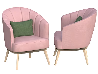 Modern Pink Single Sofa Design With Green Pillow And Wooden Legs 3d model