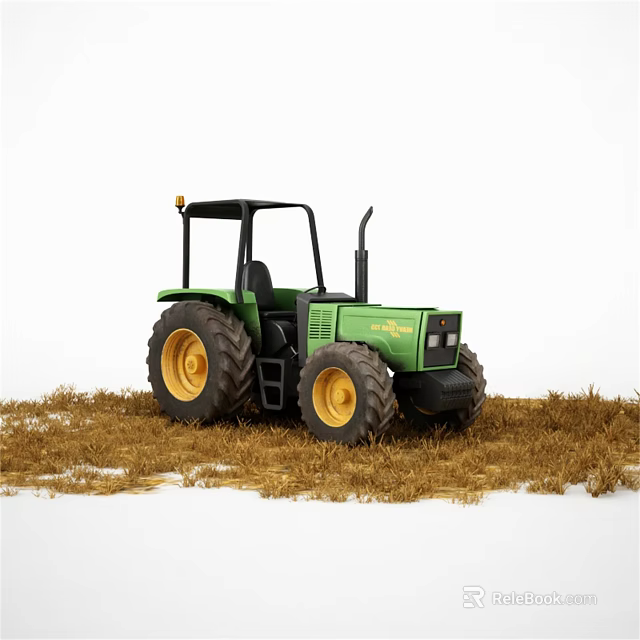 Green Agricultural Tractor With Black Cabin And Yellow Wheels Parked On Hay Field 3d model 
