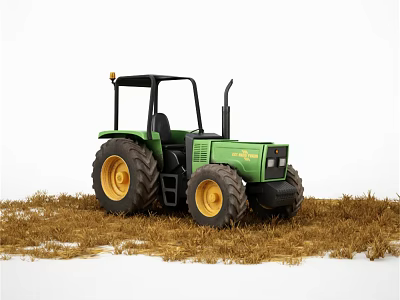 Green Agricultural Tractor With Black Cabin And Yellow Wheels Parked On Hay Field 3d model