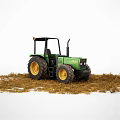 Green Agricultural Tractor With Black Cabin And Yellow Wheels Parked On Hay Field