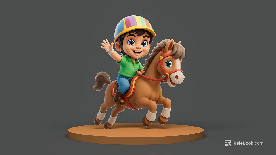 Man Riding Brown Pony Wearing Colorful Striped Helmet Green Shirt And Blue Pants 3d model 