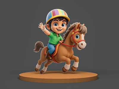 Man Riding Brown Pony Wearing Colorful Striped Helmet Green Shirt And Blue Pants 3d model