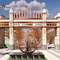 Luxurious Entrance Gate With Metal Fence Palm Trees Green Roof And Security Kiosk