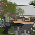 Serene Garden Yard Design With Pink Blossoms Green Lawn Pebble Path And Outdoor Seating